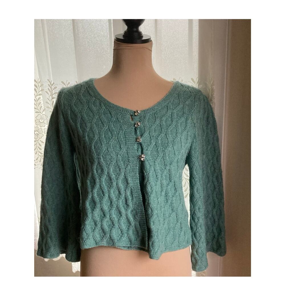 Charlie & Robin Cable Knit Cropped Cardigan S Aqua Teal Wool Rhinestone Buttons
